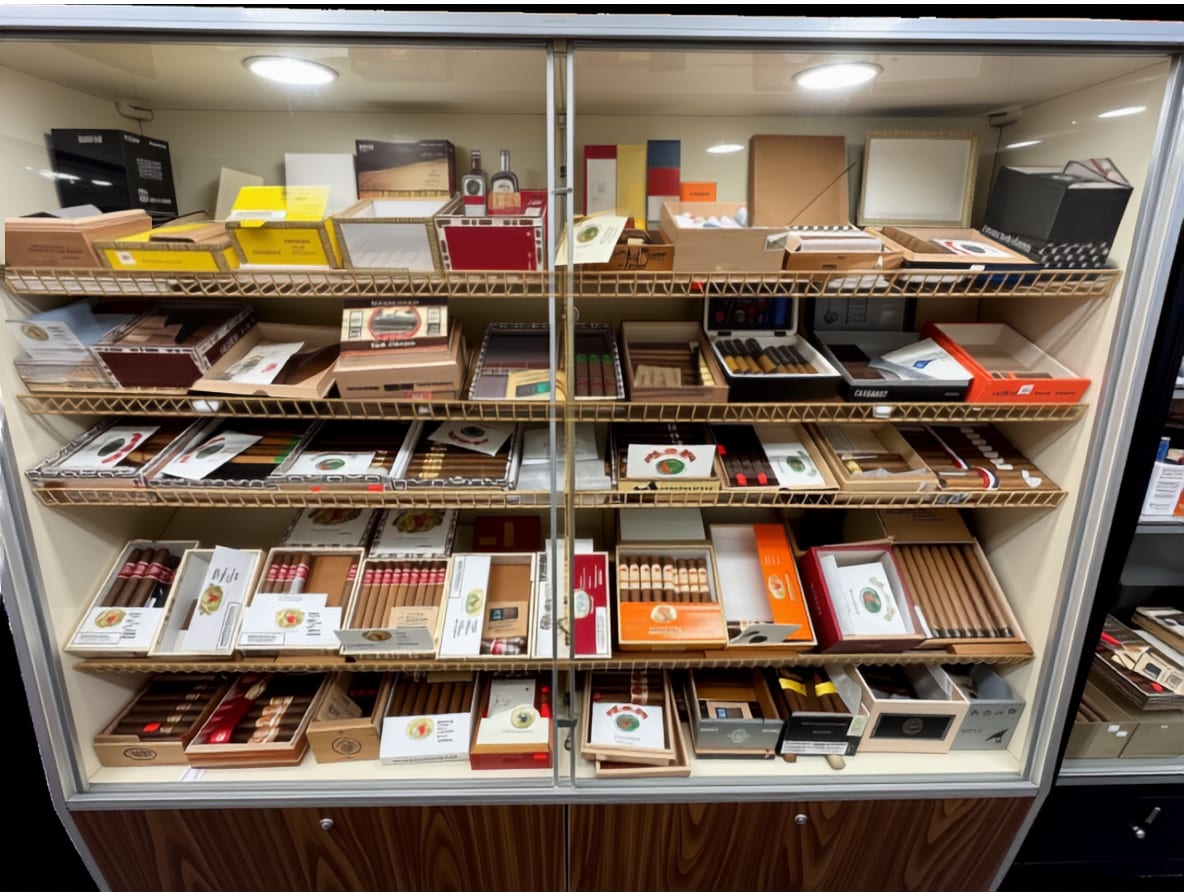 Te-Amo's glass walk-up humidor case, shelves lined with open boxes of cigars in a range of sizes and wrappers.